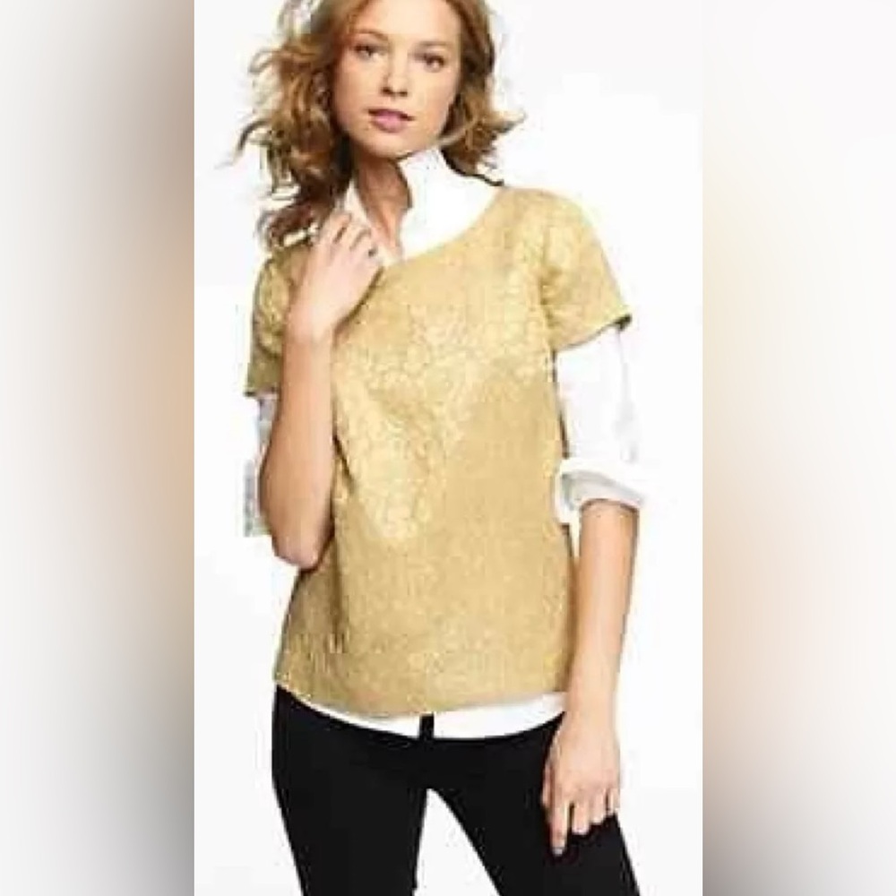 J. Crew Metallic Gold Foil Jacquard Silk Blend Short Sleeve Top Blouse Size 2